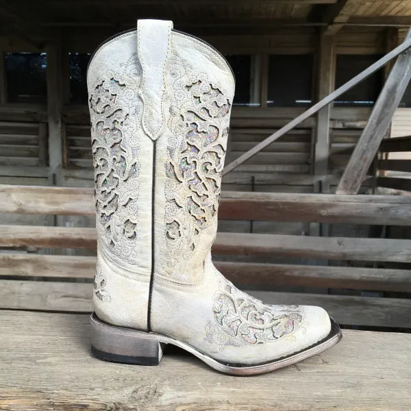 Corral Teen White Glitter Inlay Boot T0021
