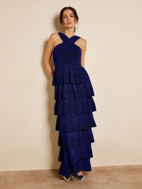GWD Jos Metallic Tiered Cobalt Blue Maxi Dress