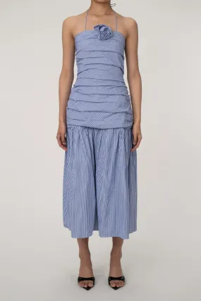 Nautical Striped Rosette Halter Plea Drop Waist Beach Vacation Midi Dress