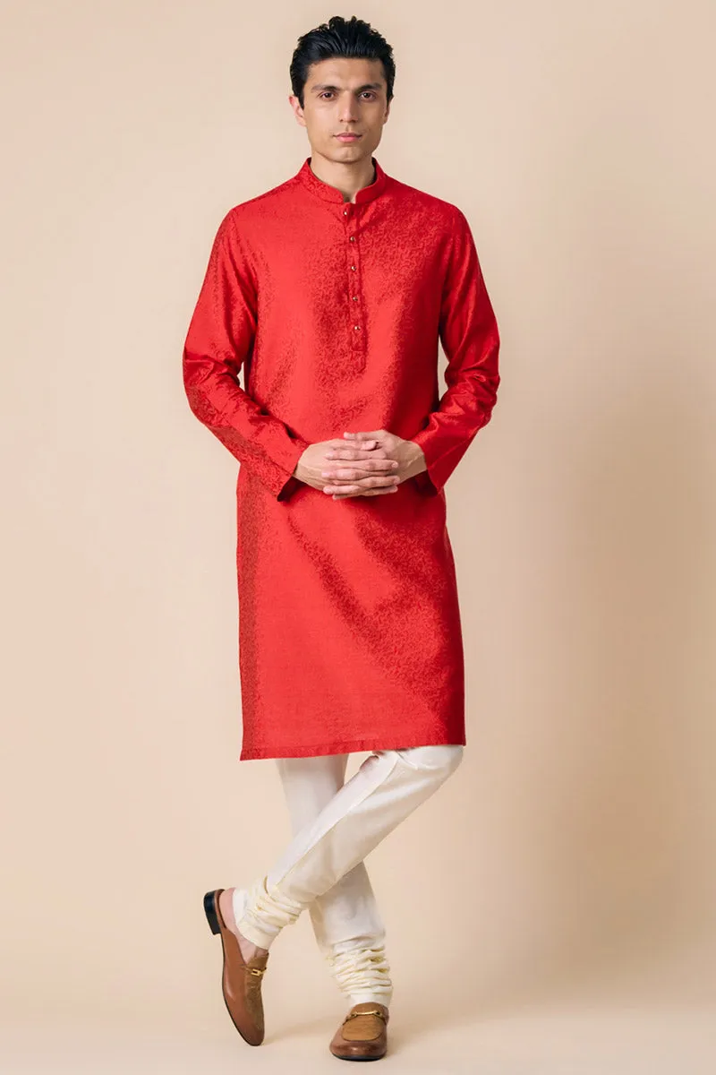 Red Floral Jacquard Kurta Set