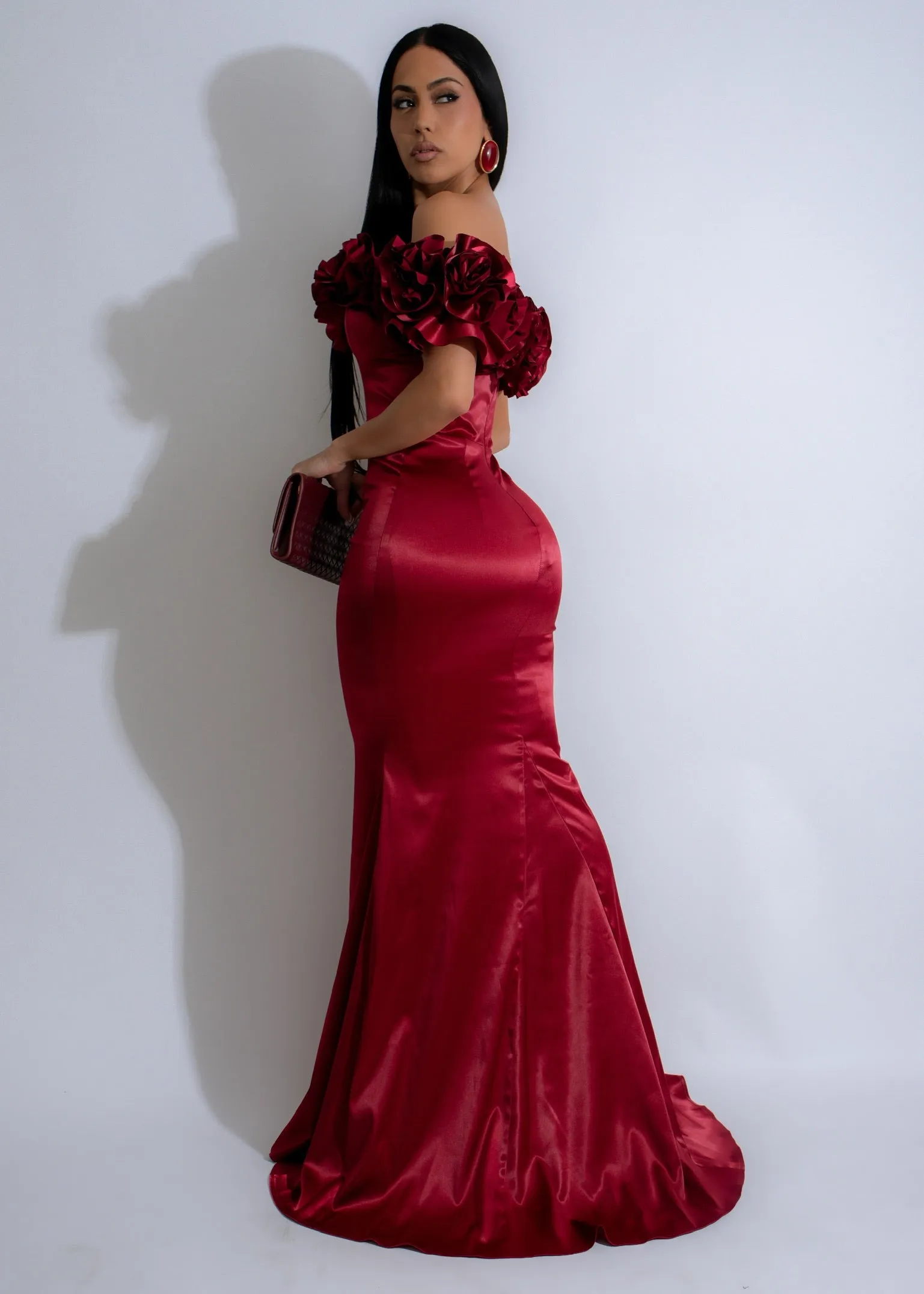 Rosette Majesty Satin Floral Maxi Dress Red