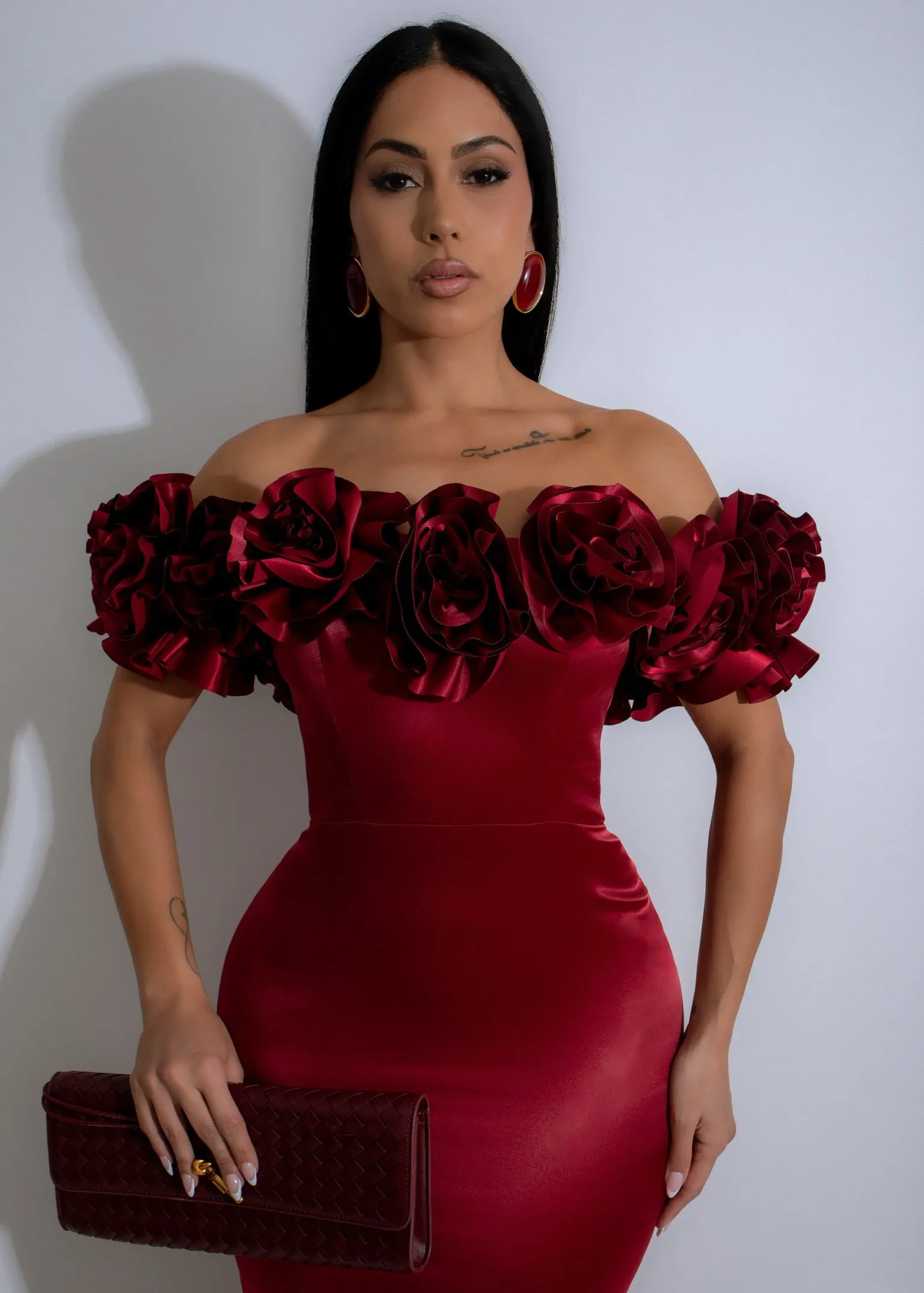 Rosette Majesty Satin Floral Maxi Dress Red