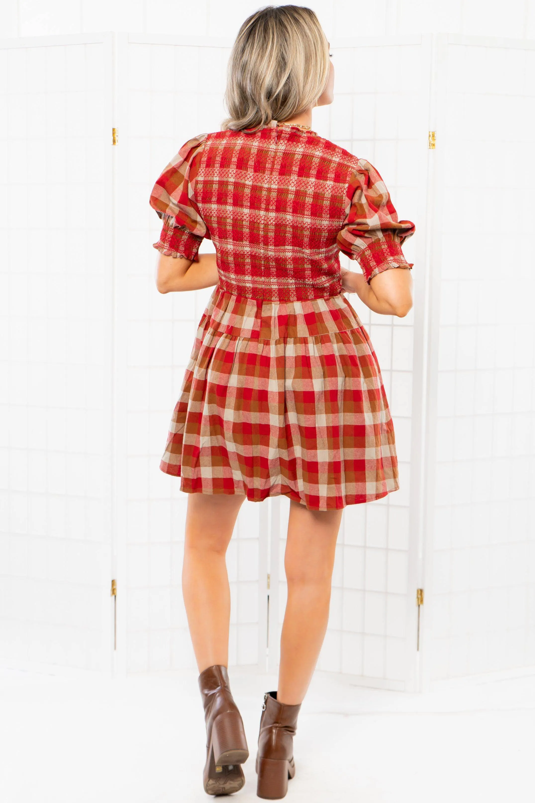 Smocked Plaid Red Mini Dress