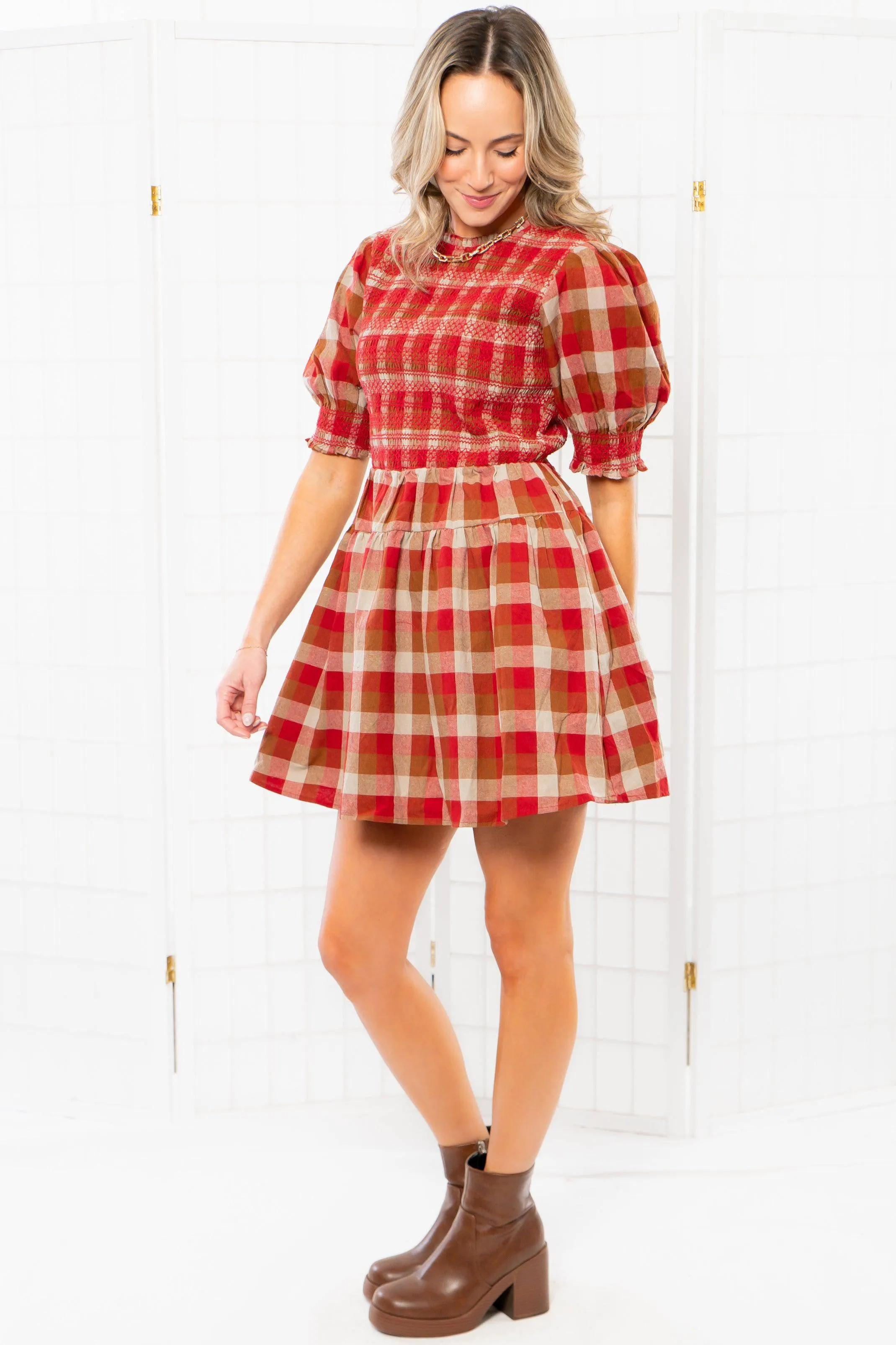 Smocked Plaid Red Mini Dress
