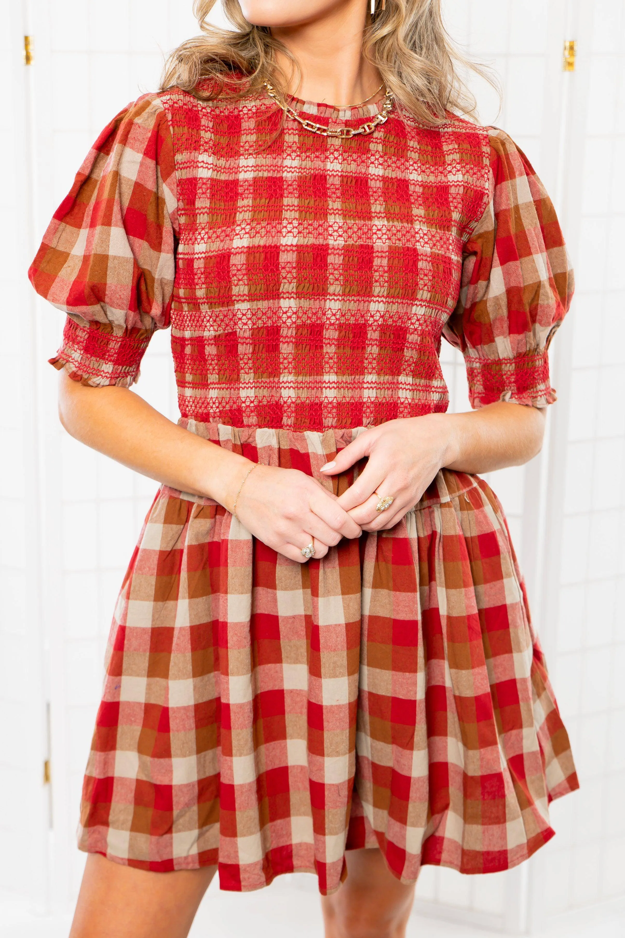 Smocked Plaid Red Mini Dress