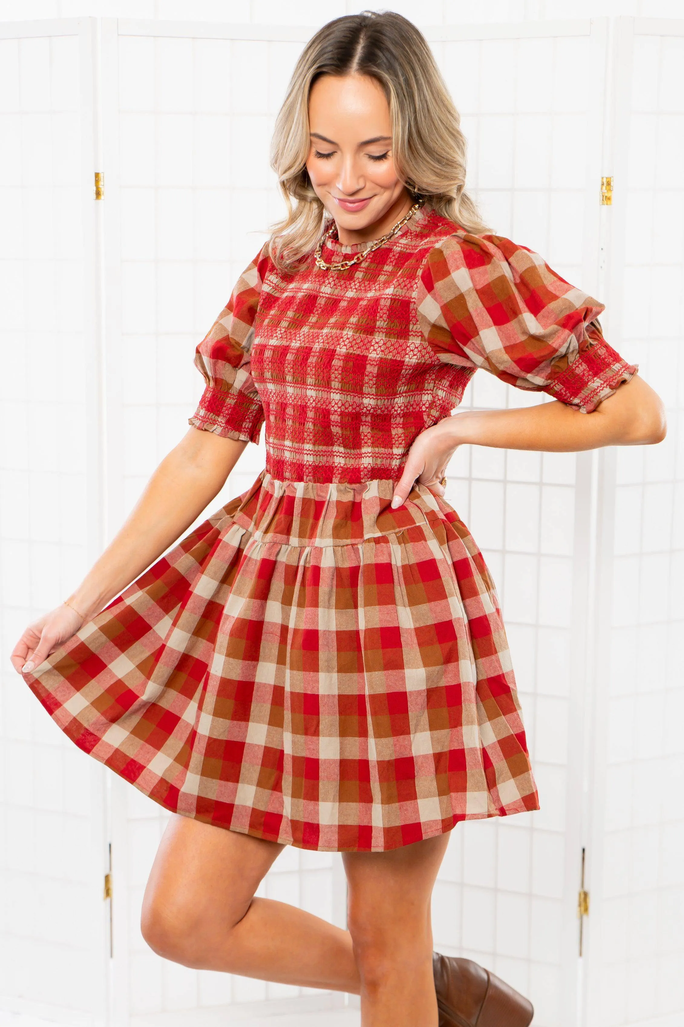 Smocked Plaid Red Mini Dress