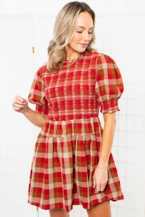 Smocked Plaid Red Mini Dress