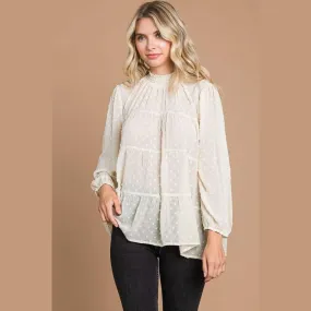 Swiss Dot Smocked Mock Neck Blouse
