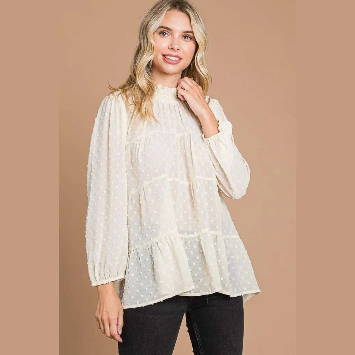 Swiss Dot Smocked Mock Neck Blouse