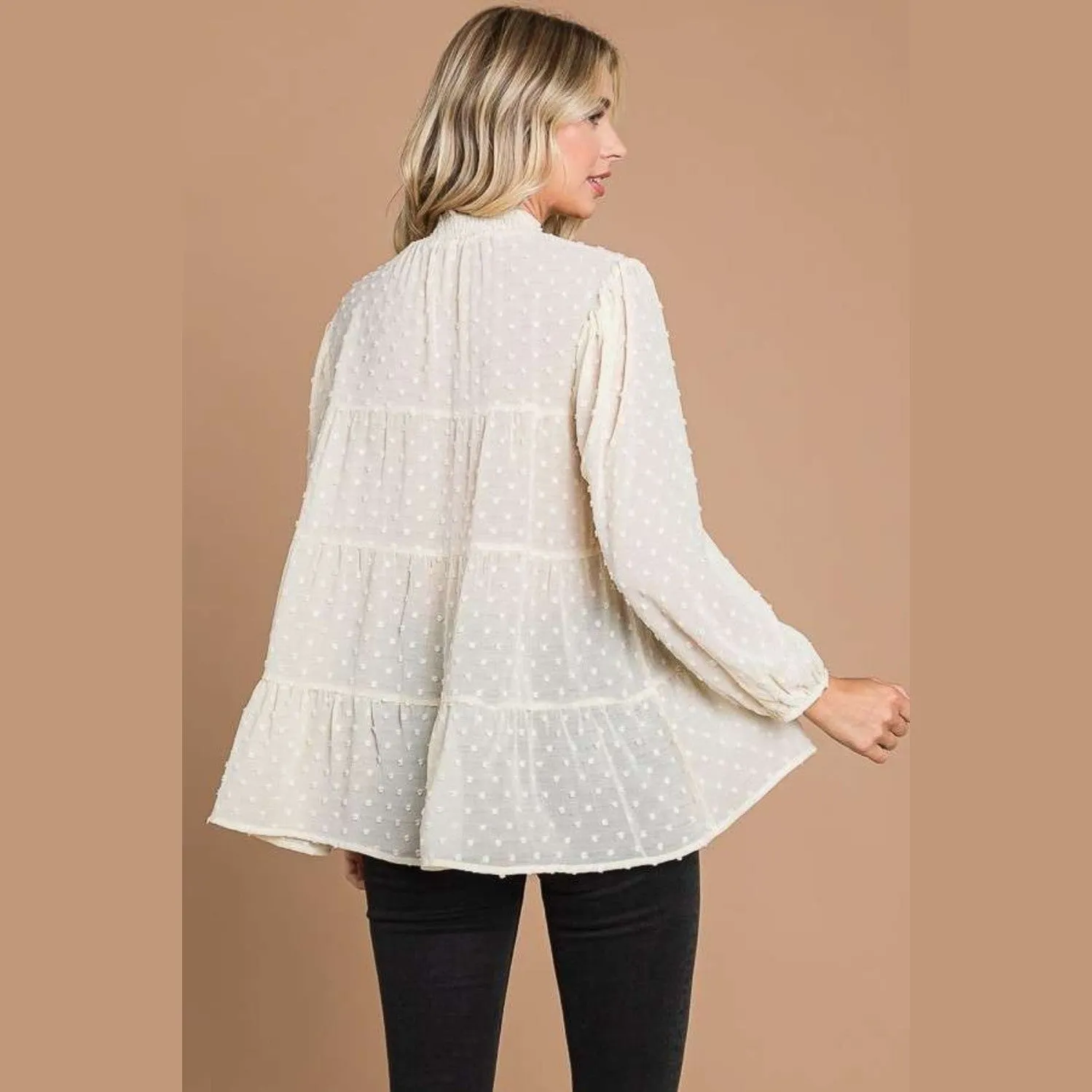 Swiss Dot Smocked Mock Neck Blouse