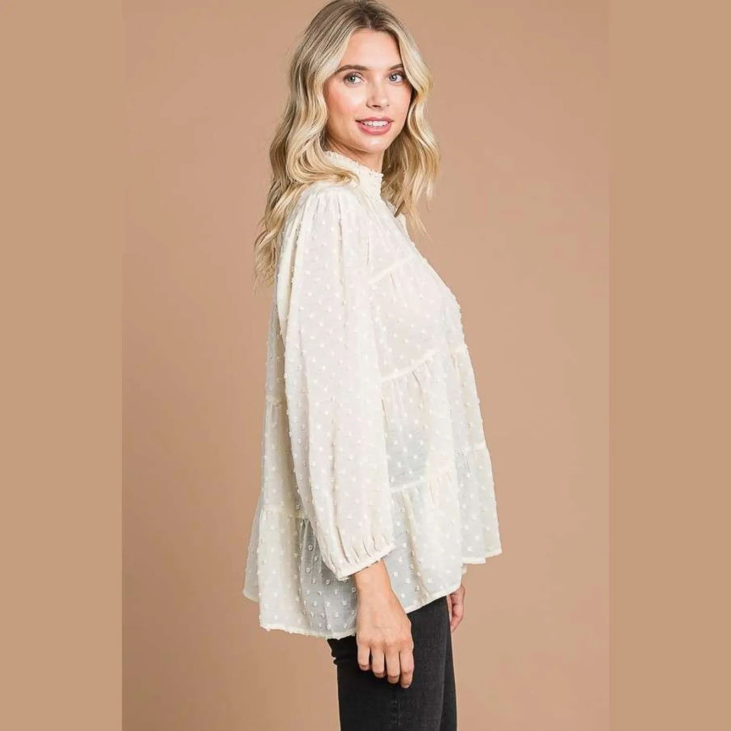 Swiss Dot Smocked Mock Neck Blouse