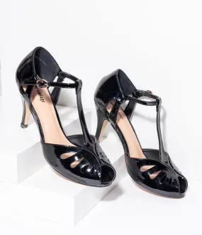 Unique Vintage Black Patent Leatherette Peep Toe T-Strap Everly Pumps
