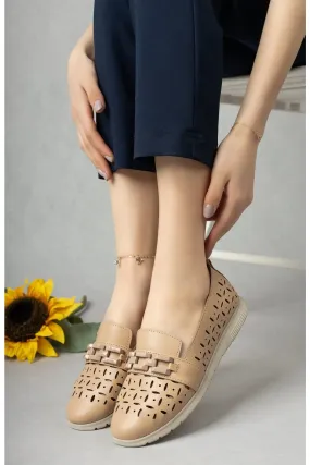 Women's Leather Lightweight Comfortable Beige Ballerina
