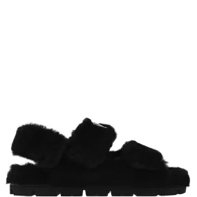 Womens Prada Black Shearling Logo Sandals
