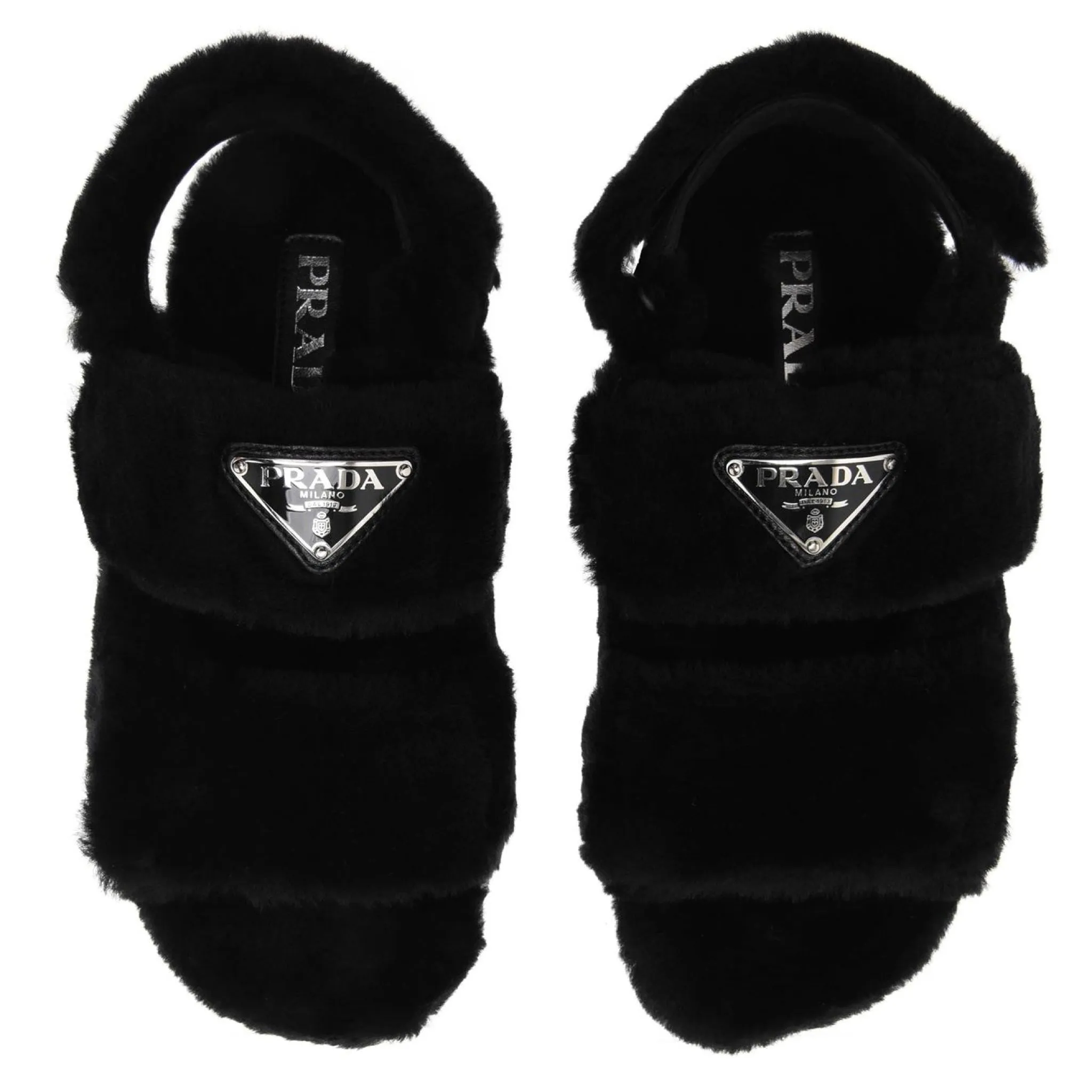 Womens Prada Black Shearling Logo Sandals